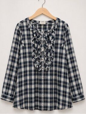 Laurence Doligé Blue White Plaid Ruffle Front Blouse Long Sleeve Women M/L